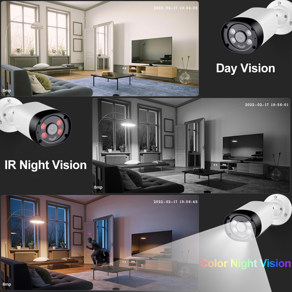 Full Color IP Poe Network CCTV Security IP Camera with Hikvision Protocol Red Blue Light Audio Alarm Motion Detection